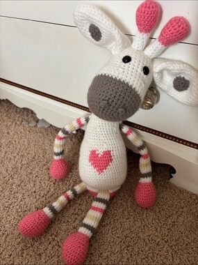 Handmade Pink & White Crocheted Giraffe Plush Toy